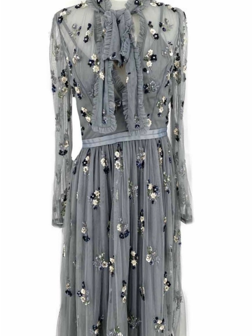 Needle & Thread Grey Embroidered Tulle Long-Sleeve Dress with Bow
